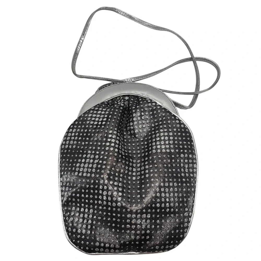 Vintage Stuart Weitzman Evening Bag Black Silver Metallic Polka Dot Retro Disco